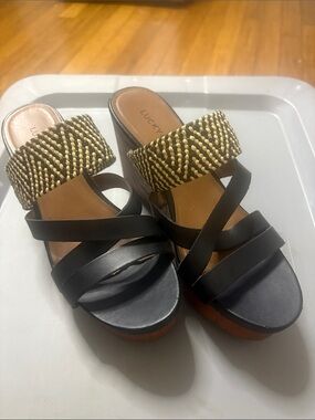 Lucky Brand Black and Gold Braided Wedge Slide Sandals